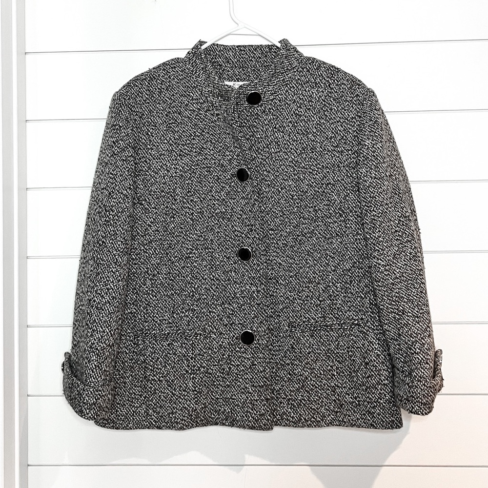 JM Collection | black tweed tall collar button down jacket round neck